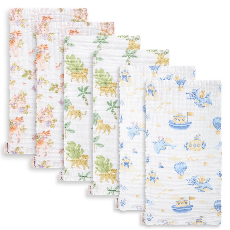 Maliton Muslin Baby Burp Cloths 20" x 10" - Large, 6-Layer, Ultra Absorbent 100% Cotton for Baby Drool & Messes, Soft, Pack of 6, Safe & Gentle Baby Rags for Boys & Girls - Floral - Image 1