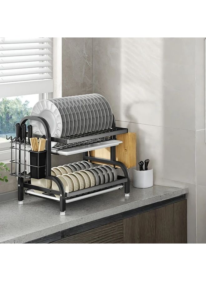 2 Tier Stainless Steel Kitchen Dish Rack With Utensil Holder Space Saving Countertop Organizer For Plates Bowls Cutlery Multi Purpose Storage Rack No Assembly Required Durable Metal Construction Kitchen Organizers And Storage Utility Racks - Image 1