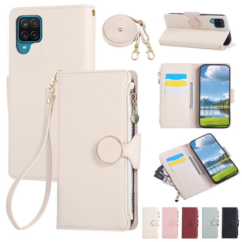 erorex For Samsung Galaxy A12 5G Round Buckle Zipper Wallet Leather Phone Case with Crossbody Strap(White) - Image 1