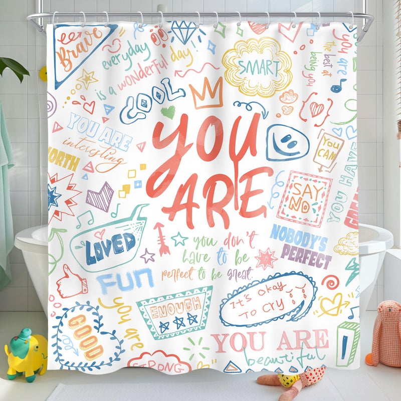 AMBZEK Kids Inspirational Quotes Shower Curtain 60Wx72L Inch Teens You are Motivational Abstract Funny Colorful Graffiti Artwork Cloth Fabric Waterproof Polyester Bathroom Decor Set with 12 Pack Hooks - Image 1