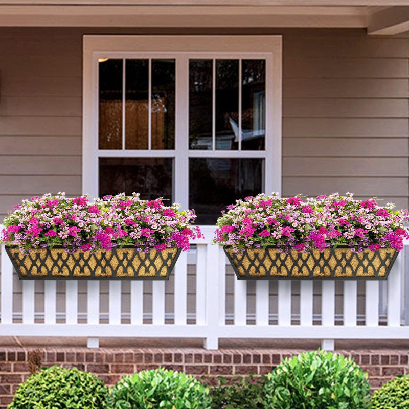 Karlliu 2 Pack 24 Inch Window Boxes Planters Railing Planter Box with Adjustable Brackets for Porch Fence Patio Balcony Hanging Flower Baskets with Coco Liners for Outdoor Garden DÃ©cor - Black - Image 2