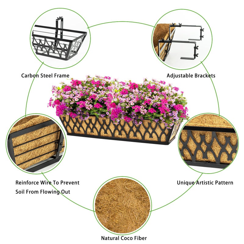 Karlliu 2 Pack 24 Inch Window Boxes Planters Railing Planter Box with Adjustable Brackets for Porch Fence Patio Balcony Hanging Flower Baskets with Coco Liners for Outdoor Garden DÃ©cor - Black - Image 3