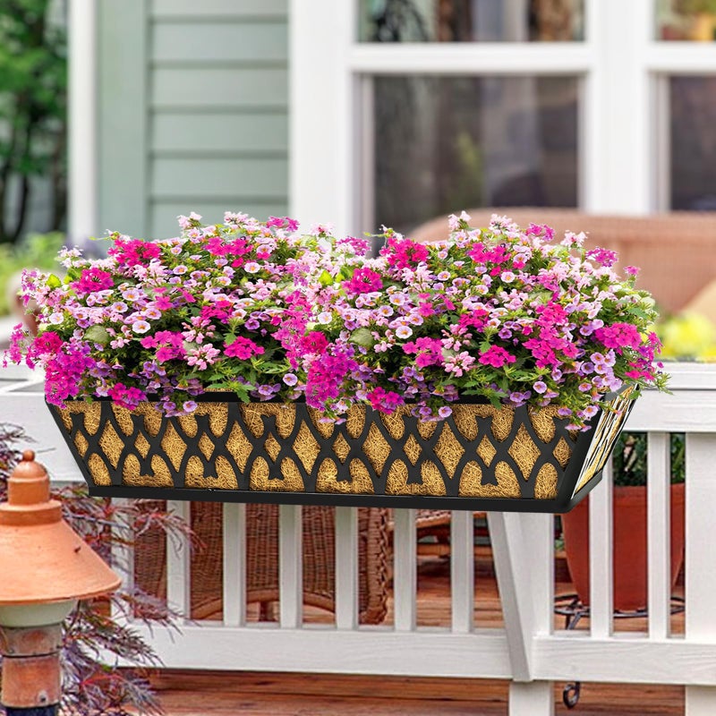 Karlliu 2 Pack 24 Inch Window Boxes Planters Railing Planter Box with Adjustable Brackets for Porch Fence Patio Balcony Hanging Flower Baskets with Coco Liners for Outdoor Garden DÃ©cor - Black - Image 4