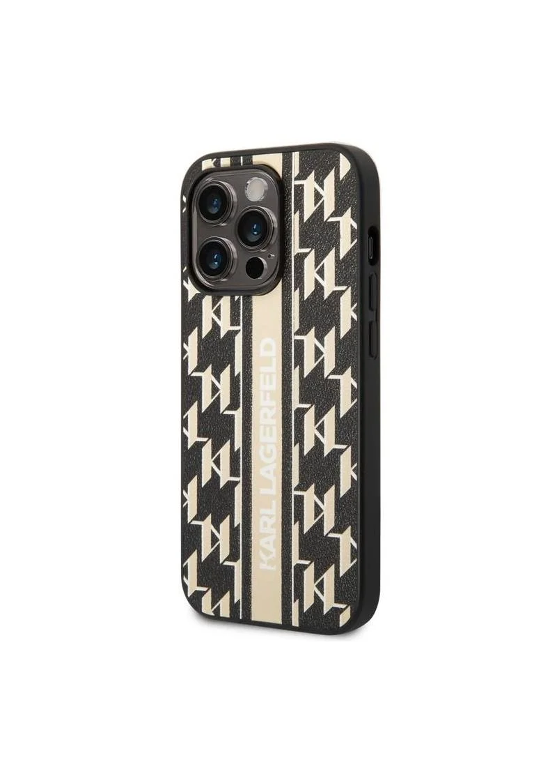 Karl Lagerfeld Grained PU Leather Case With Monogram Pattern Vertical Logo Stripe iPhone 14 Pro Max - Brown