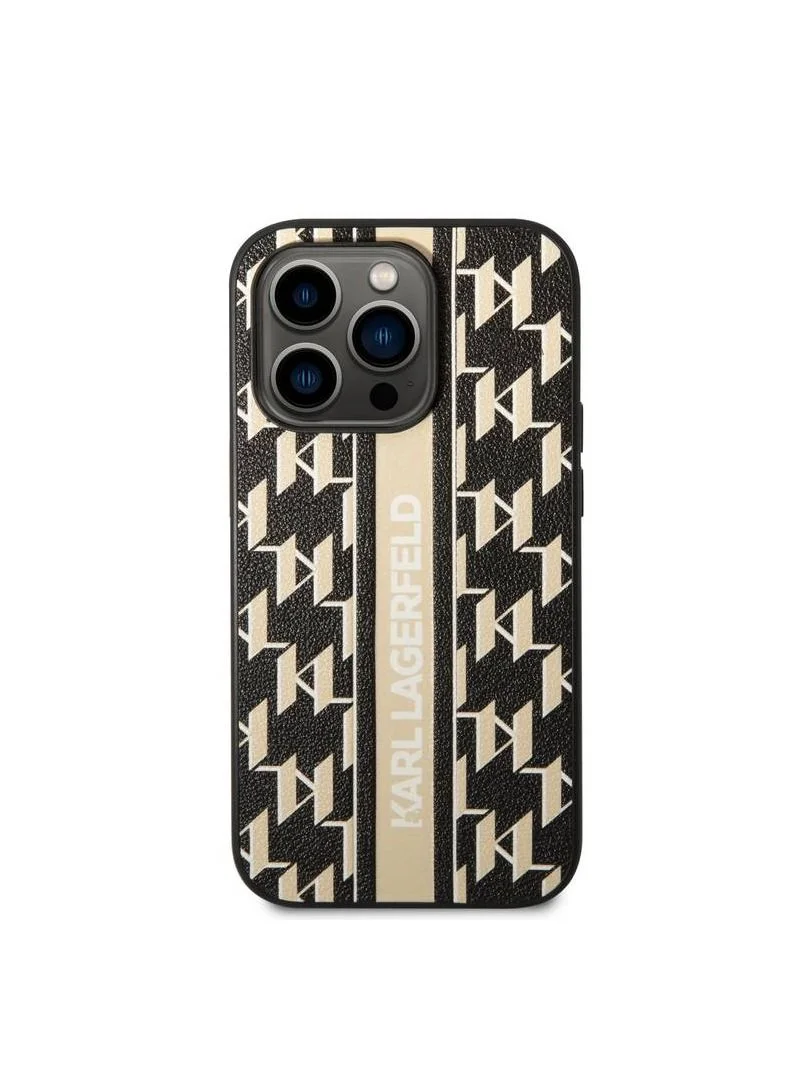 Karl Lagerfeld Grained PU Leather Case With Monogram Pattern Vertical Logo Stripe iPhone 14 Pro Max - Brown