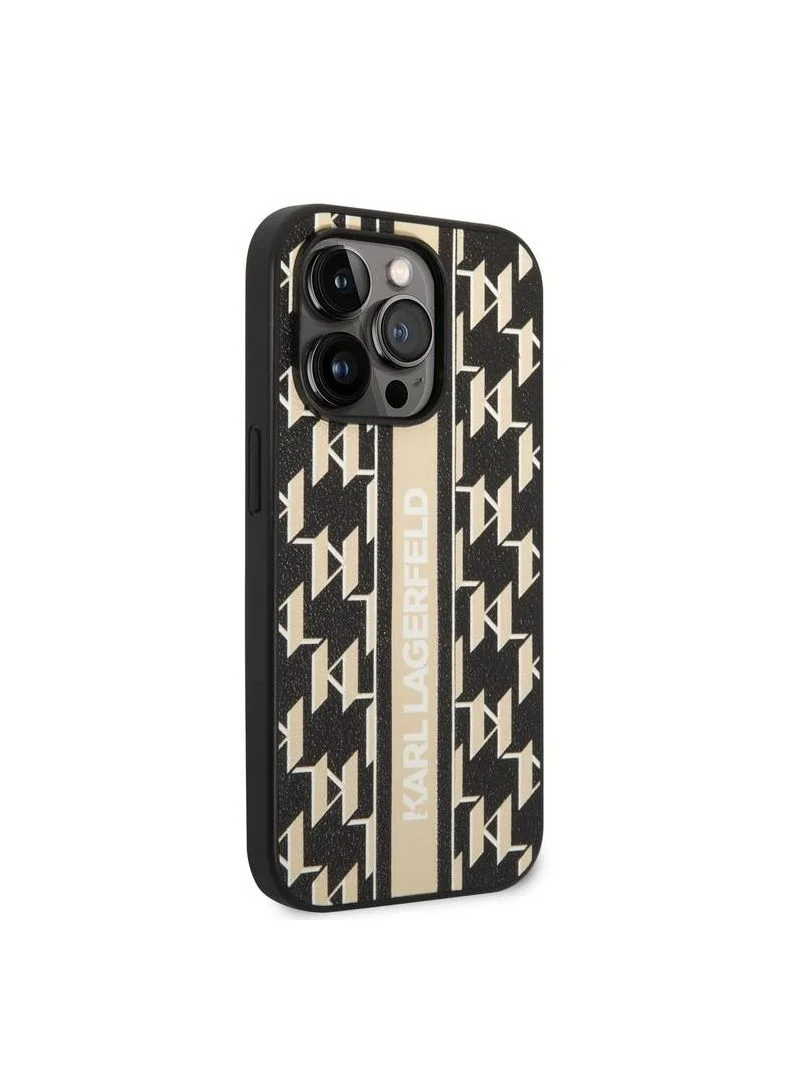 Karl Lagerfeld Grained PU Leather Case With Monogram Pattern Vertical Logo Stripe iPhone 14 Pro Max - Brown