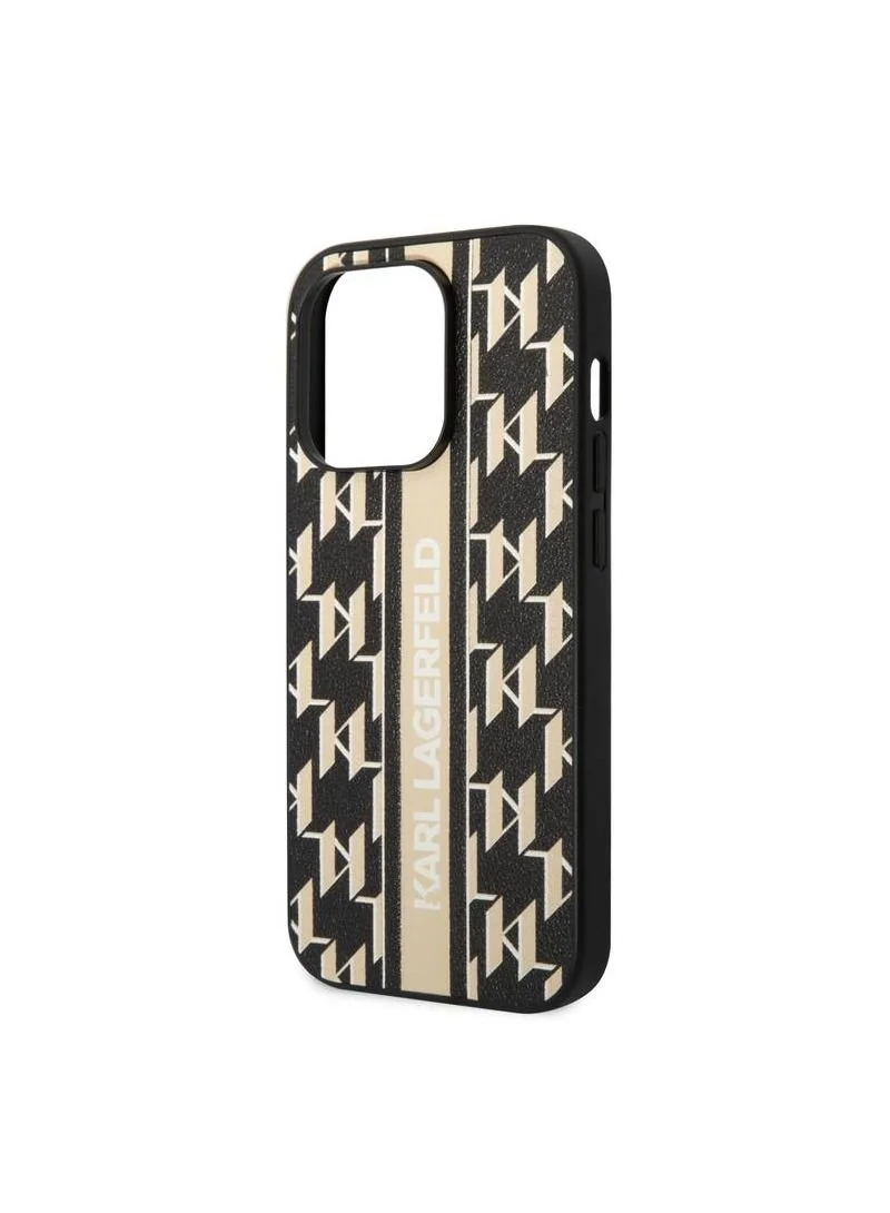 Karl Lagerfeld Grained PU Leather Case With Monogram Pattern Vertical Logo Stripe iPhone 14 Pro Max - Brown
