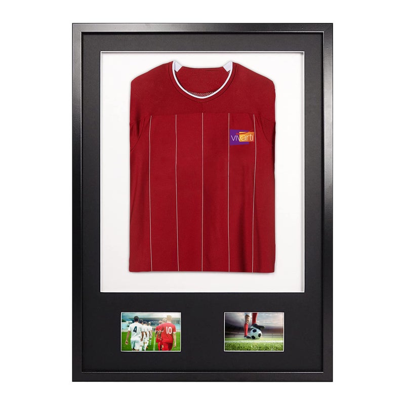 إطار عرض قمصان رياضية ثلاثي الأبعاد مثبت DIY Junior مع فتحتين مزدوجتين لقميص كرة القدم وقميص الرجبي وقميص الفرقة صندوق ظل A1 594 x 84 سم إطار أسود قاعدة سوداء بطاقة خلفية بيضاء