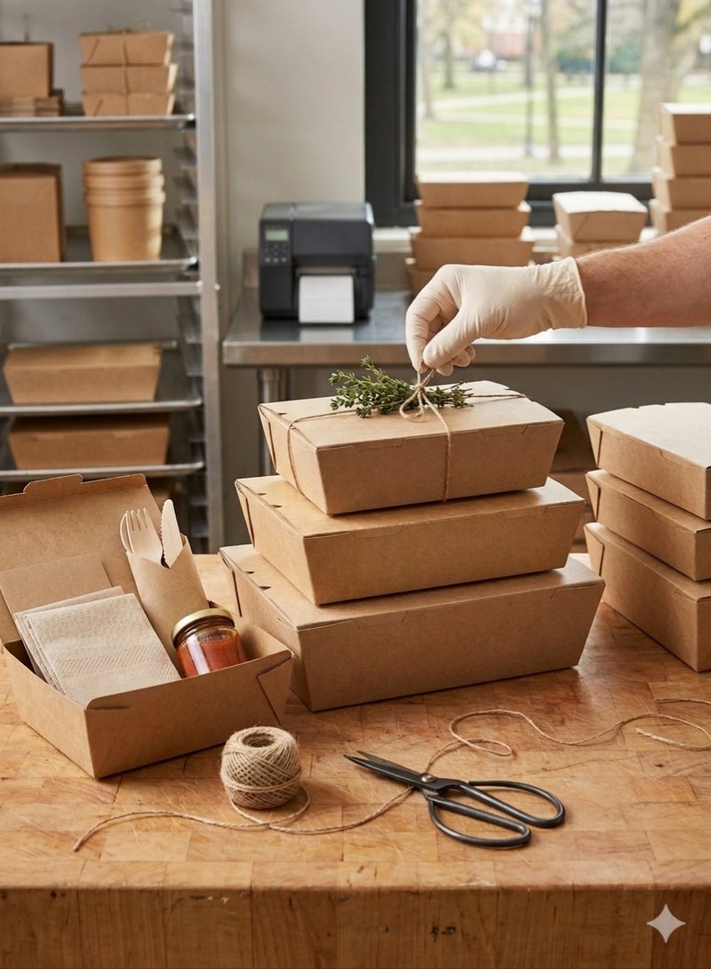 ايكواي Ecoway Large Kraft Lunch Box Without Window Food Container Made With Craft Paper For Meals & Dessert, Take Away Container, Disposable, Eco-friendly, Compostable - Pack Of 120, Brown - Image 4