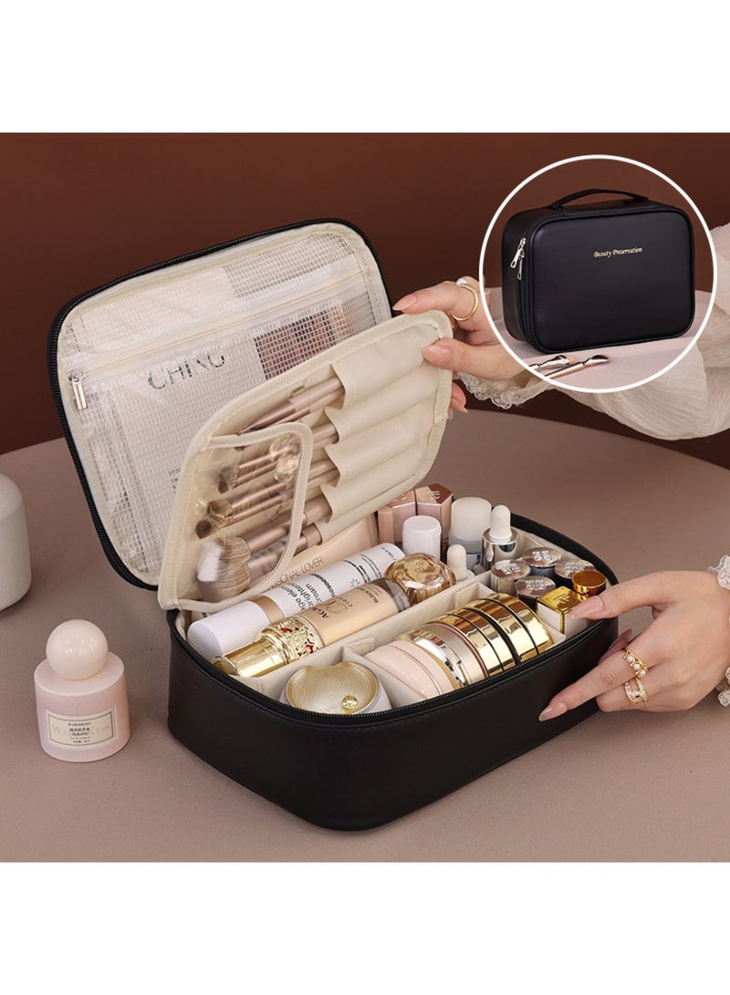 عربست حقيبة مكياج للسفر حقيبة مستحضرات تجميل كبيرة السعة، حقيبة مكياج محمولة واسعة الفتح منظمة للنساء لأساسيات السفر زجاجات إكسسوارات أدوات الزينة للسفر، فرش، أسود - Image 1