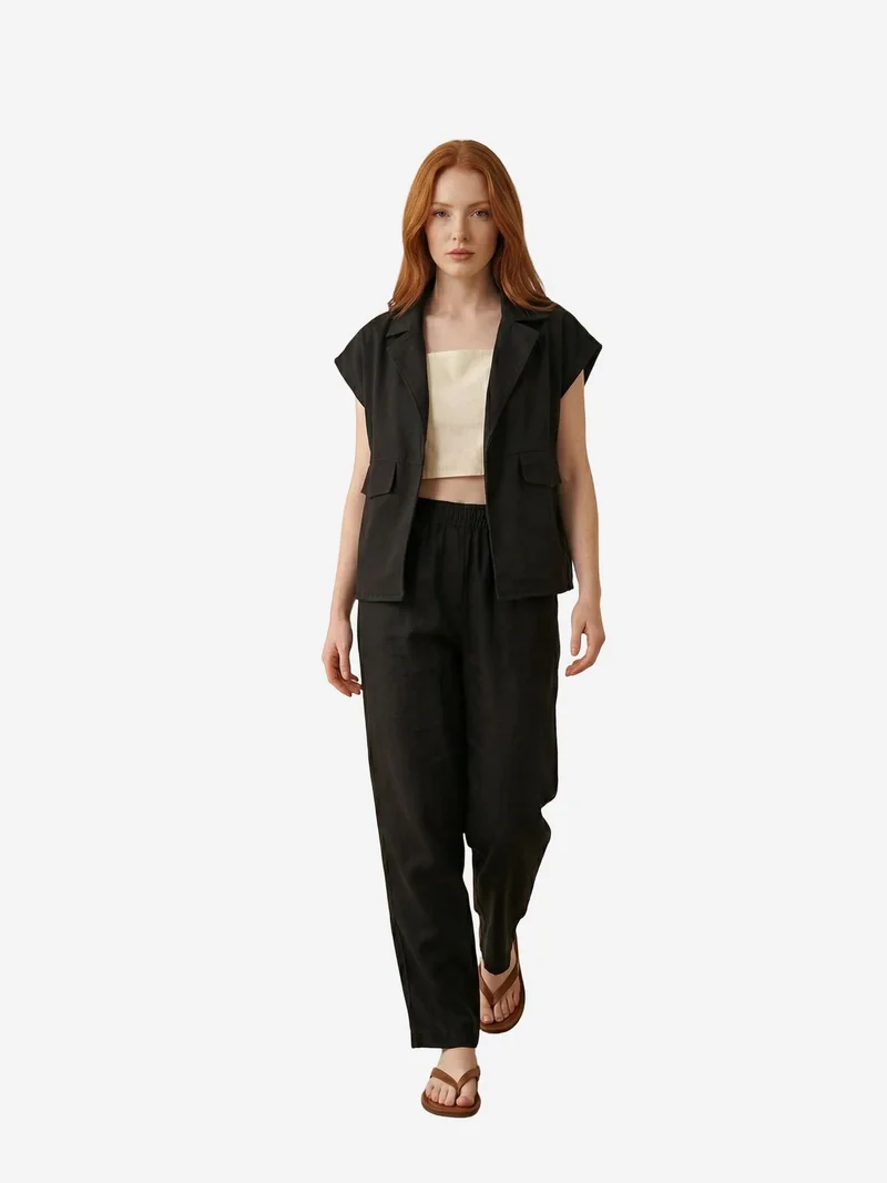 ماي فاشن MY FASHION Cotton Waistcoat with Jacket Collar and Pocket