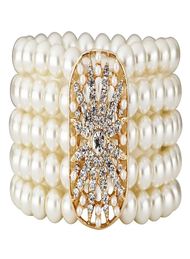 Cizoe Art Deco 20s 30s Flapper Gatsby Acessories Jewelry Great Gatsby Inspired Bridal Pearl Elastic Bracelet Bangle(Gold) - Image 2