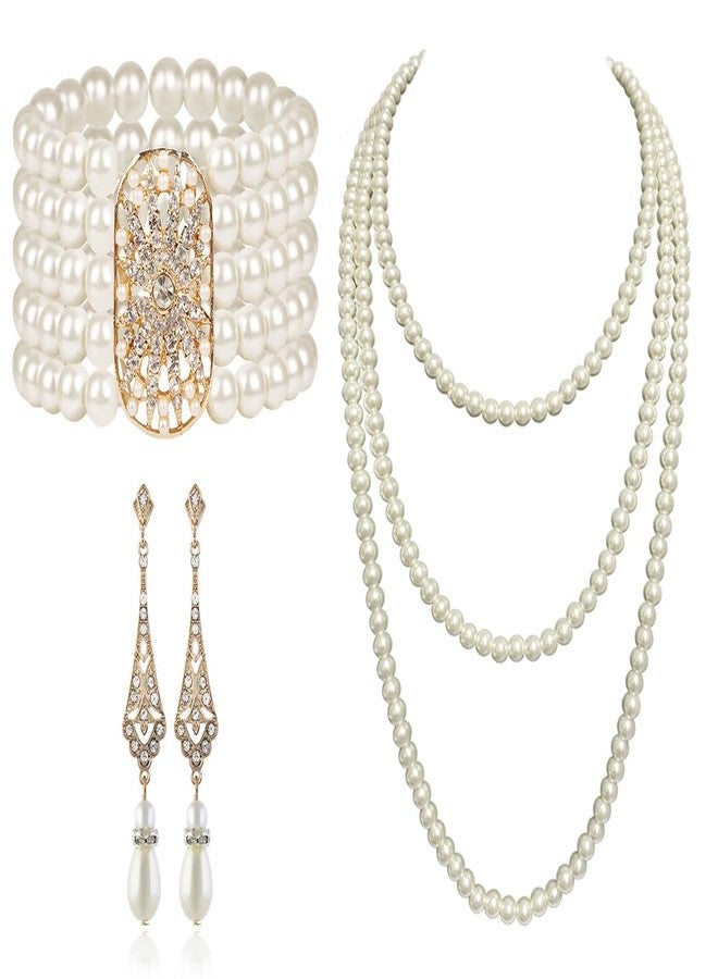 Cizoe Art Deco 20s 30s Flapper Gatsby Acessories Jewelry Great Gatsby Inspired Bridal Pearl Elastic Bracelet Bangle(Gold) - Image 1
