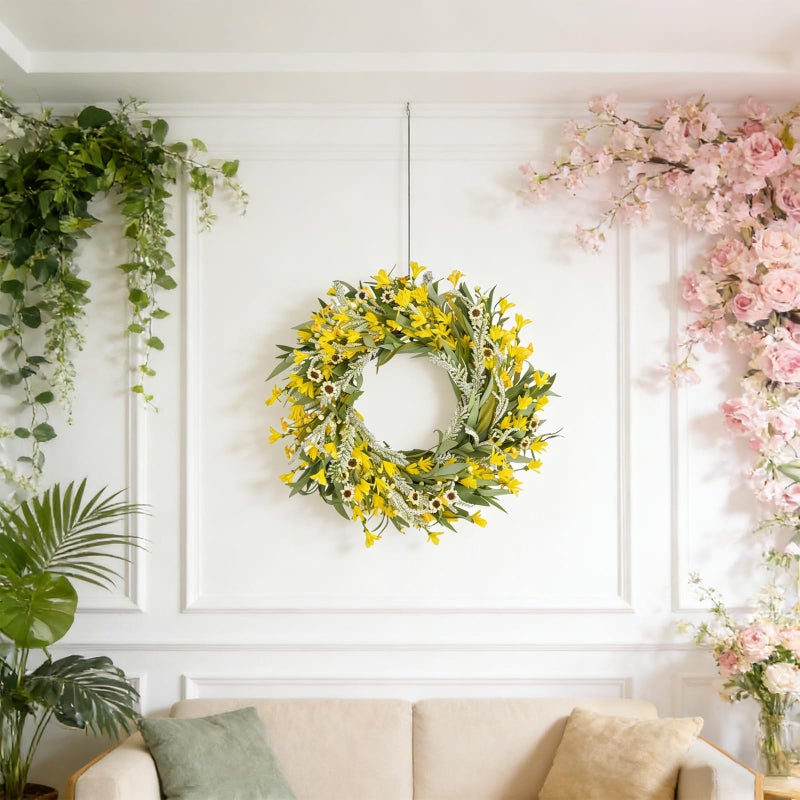 Egolot 24 Inch Spring Yellow Forsythia Flower Wreath for Front Door, All Season Door Decor Wreath with Yellow Sunflower Greenery Leaves for Indoor Outdoor, Floral Wreaths for Doors Windows Walls - Image 3