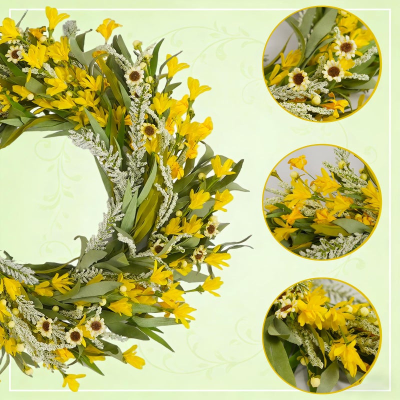 Egolot 24 Inch Spring Yellow Forsythia Flower Wreath for Front Door, All Season Door Decor Wreath with Yellow Sunflower Greenery Leaves for Indoor Outdoor, Floral Wreaths for Doors Windows Walls - Image 2
