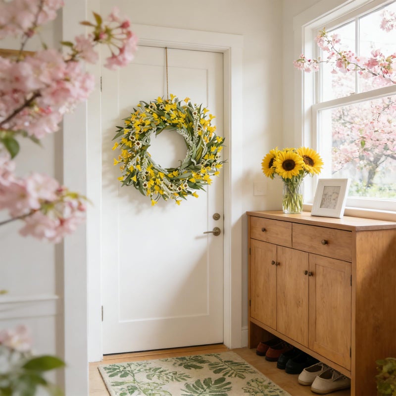 Egolot 24 Inch Spring Yellow Forsythia Flower Wreath for Front Door, All Season Door Decor Wreath with Yellow Sunflower Greenery Leaves for Indoor Outdoor, Floral Wreaths for Doors Windows Walls - Image 5