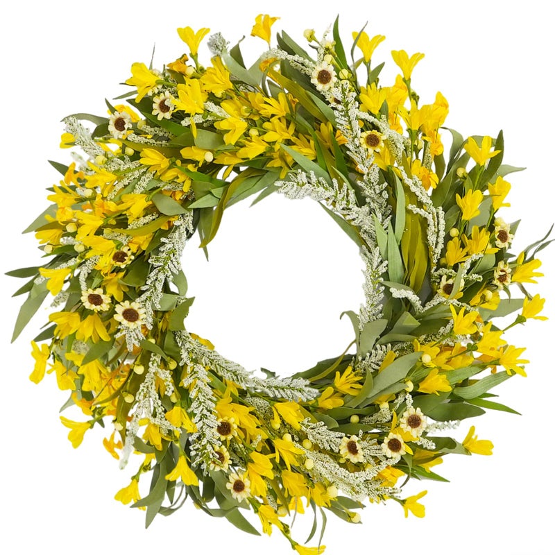 Egolot 24 Inch Spring Yellow Forsythia Flower Wreath for Front Door, All Season Door Decor Wreath with Yellow Sunflower Greenery Leaves for Indoor Outdoor, Floral Wreaths for Doors Windows Walls - Image 1