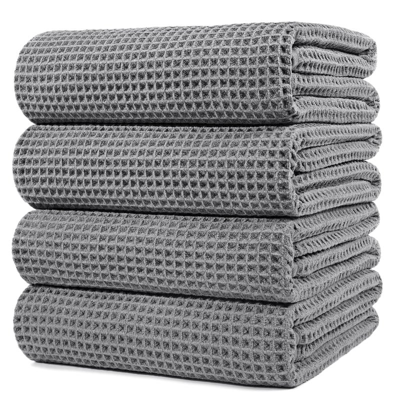 POLYTE Microfiber Oversize Quick Dry Lint Free Bath Towel, 60 x 30 in, 4 Pack (Gray, Waffle Weave) - Image 1