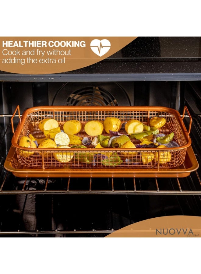 Non-Stick Oven Crisper with Raised Mesh Frying Basket - Rectangular Copper Mesh Roasting and Baking Tray Non-Stick Raised Roasting Basket, 2-Piece Detachable Oven Roasting Set - Roasting Tray with Fat Drainer - 2-in-1 Roasting and Oil Draining Tray - Image 5