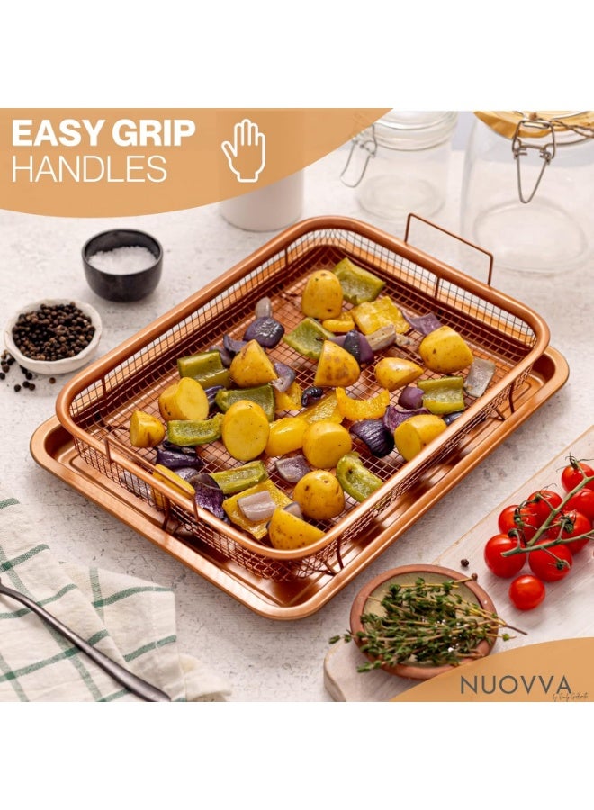 Non-Stick Oven Crisper with Raised Mesh Frying Basket - Rectangular Copper Mesh Roasting and Baking Tray Non-Stick Raised Roasting Basket, 2-Piece Detachable Oven Roasting Set - Roasting Tray with Fat Drainer - 2-in-1 Roasting and Oil Draining Tray - Image 3