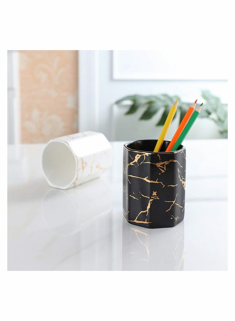 SOLARAE Ceramic Desk Pen Holder, Stand Golden Pattern Cute Pencil Cup Pot Desk Organizer - Image 3