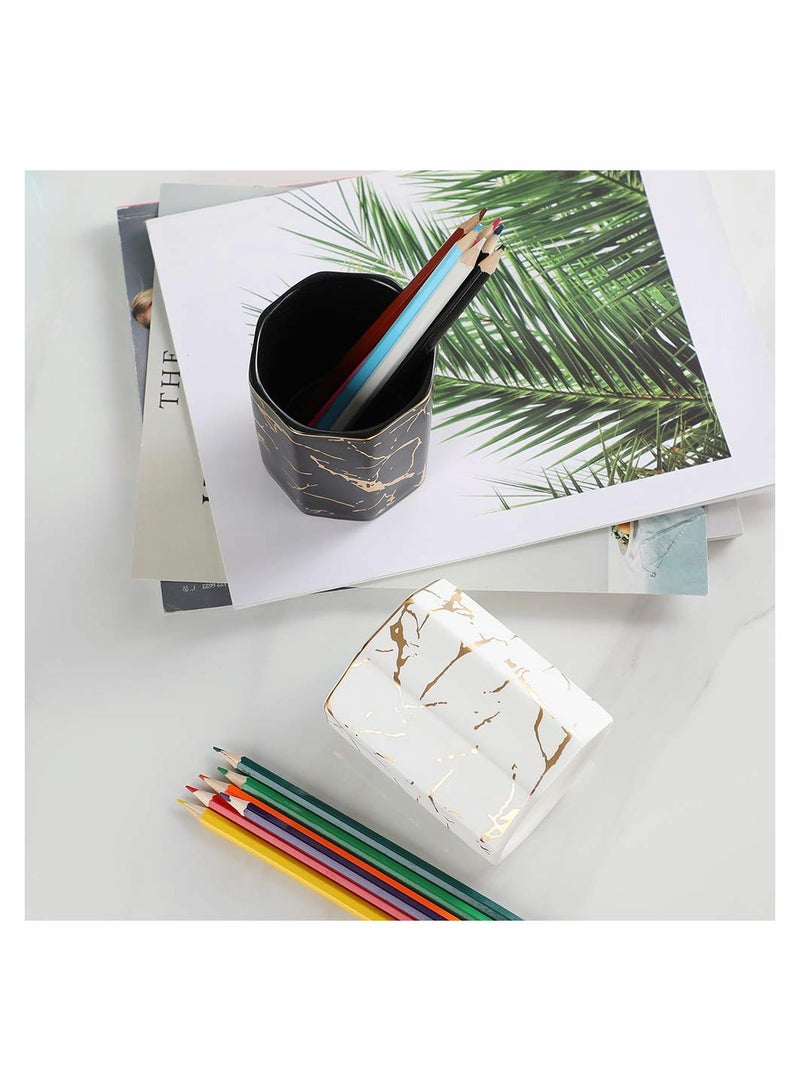 SOLARAE Ceramic Desk Pen Holder, Stand Golden Pattern Cute Pencil Cup Pot Desk Organizer - Image 4