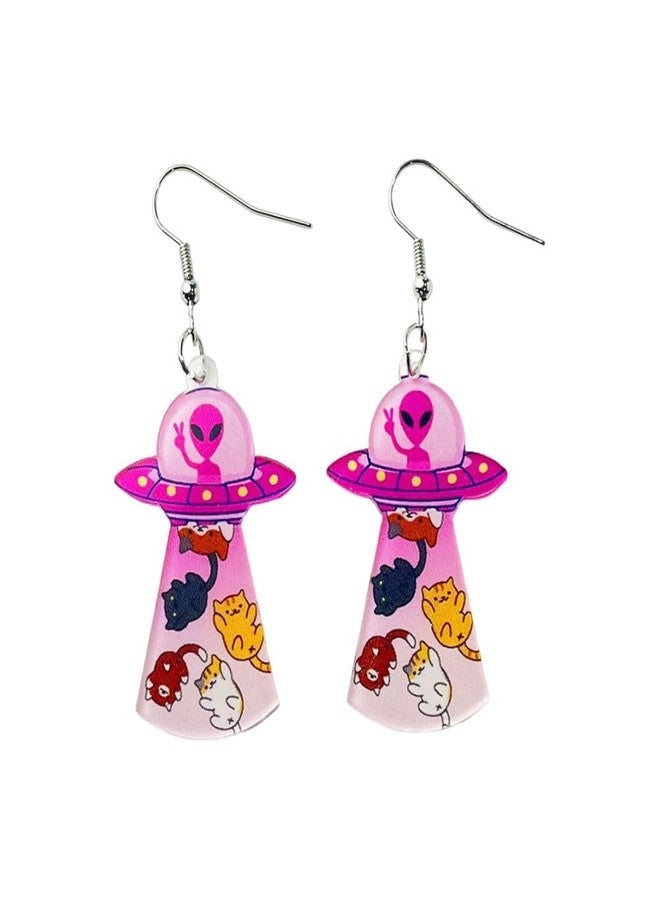 Cykdohy Pink Alien Spaceship Dangle Hook Earrings for Women Acrylic Novelty Funny Cute Cartoon Cat Animal Drop Earring Lightweight UFO Cosmos Weird Airship Flying Saucer Halloween Costume Party Jewelry Space Lovers Gifts - Image 1