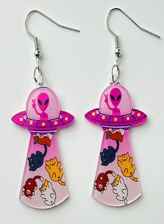 Cykdohy Pink Alien Spaceship Dangle Hook Earrings for Women Acrylic Novelty Funny Cute Cartoon Cat Animal Drop Earring Lightweight UFO Cosmos Weird Airship Flying Saucer Halloween Costume Party Jewelry Space Lovers Gifts - Image 2