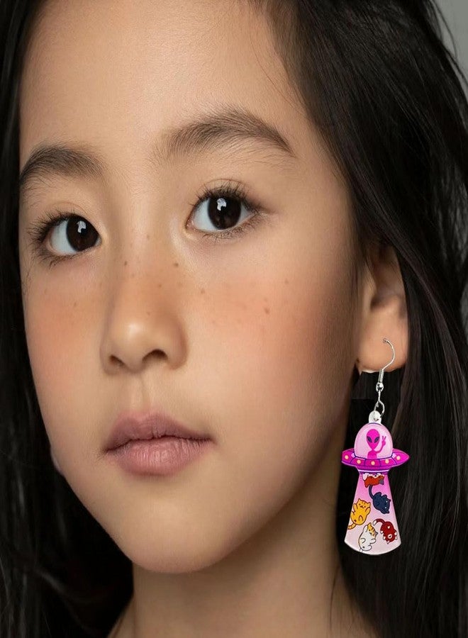 Cykdohy Pink Alien Spaceship Dangle Hook Earrings for Women Acrylic Novelty Funny Cute Cartoon Cat Animal Drop Earring Lightweight UFO Cosmos Weird Airship Flying Saucer Halloween Costume Party Jewelry Space Lovers Gifts - Image 4