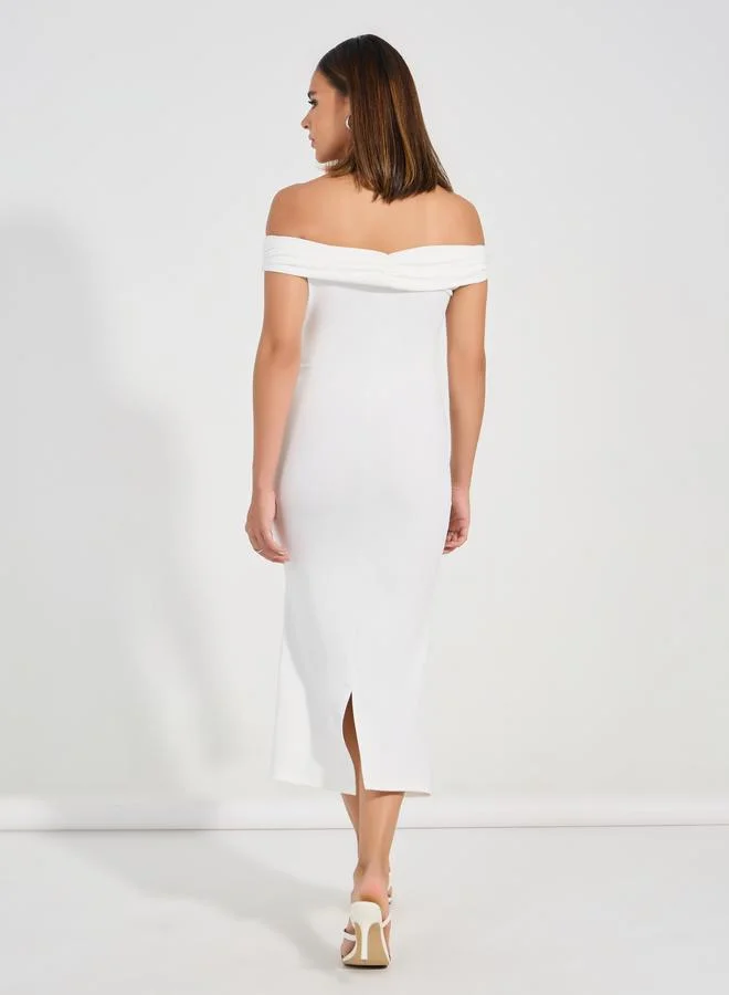Styli Solid Off Shoulder Neck Bodycon Midi Dress