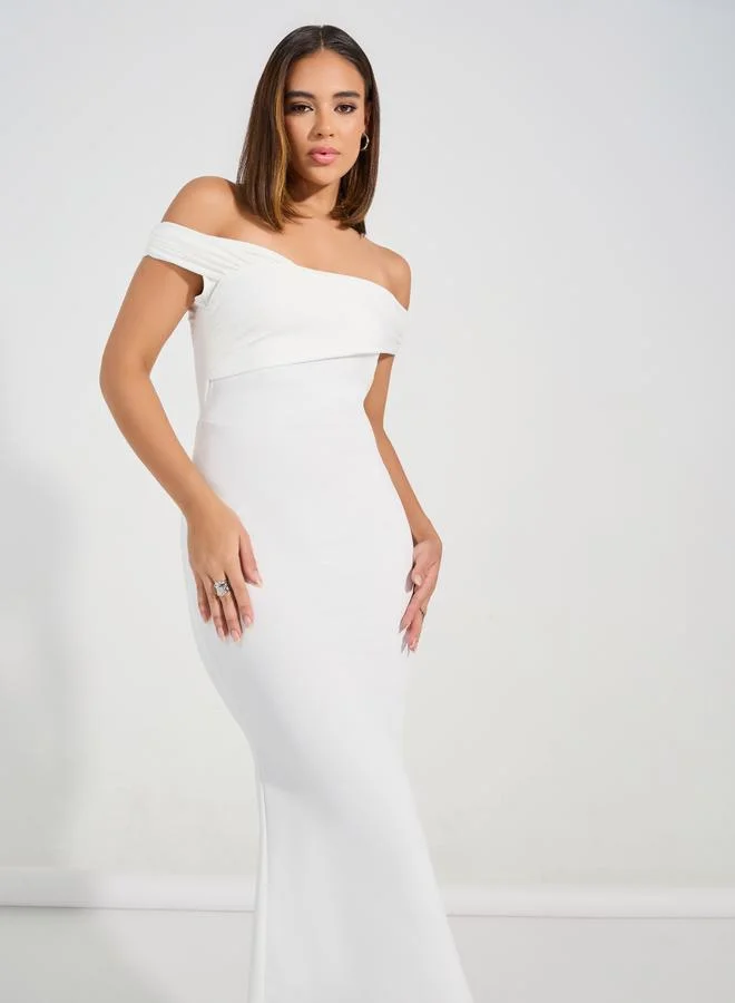 Styli Solid Off Shoulder Neck Bodycon Midi Dress