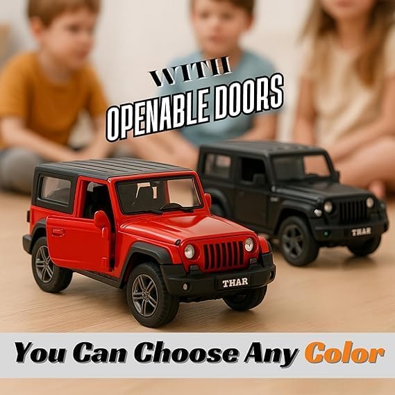 MAKET 1:32 Die-Cast Metal Thar Toy Car for Kids - Pull Back 4x4 Off-Road Model with Openable Doors, Realistic Miniature SUV Vehicle for Boys & Girls 2+ Years (Black) - Image 5
