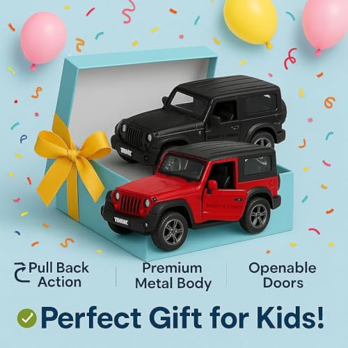 MAKET 1:32 Die-Cast Metal Thar Toy Car for Kids - Pull Back 4x4 Off-Road Model with Openable Doors, Realistic Miniature SUV Vehicle for Boys & Girls 2+ Years (Black) - Image 4