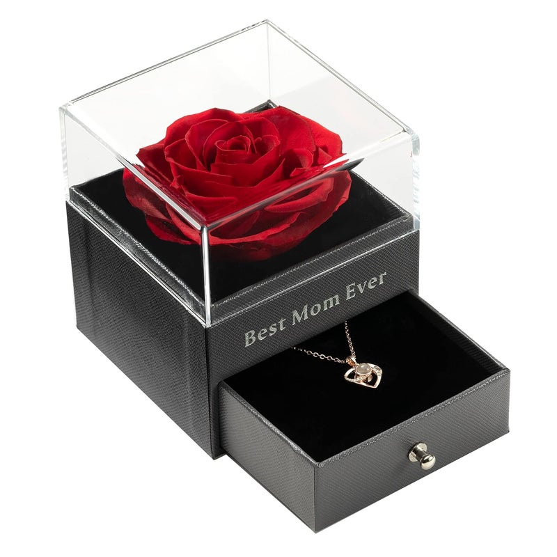 Tiaronics Best Mom Ever Preserved Real Red Rose Drawer Eternal Preserved Red Rose Flower with Necklace 100 Languages Gift Enchanted Real Rose Flower for Valentines Day for her Red - Image 2