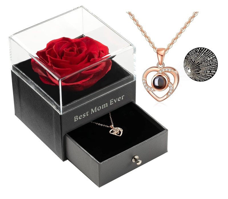 Tiaronics Best Mom Ever Preserved Real Red Rose Drawer Eternal Preserved Red Rose Flower with Necklace 100 Languages Gift Enchanted Real Rose Flower for Valentines Day for her Red - Image 1