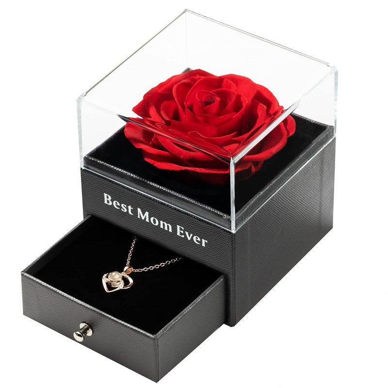 Tiaronics Best Mom Ever Preserved Real Red Rose Drawer Eternal Preserved Red Rose Flower with Necklace 100 Languages Gift Enchanted Real Rose Flower for Valentines Day for her Red - Image 5