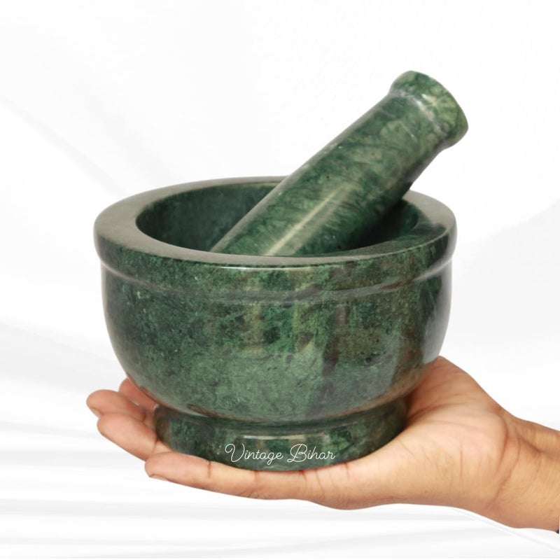 VintageBihar Green Marble Mortar and Pestle Set Khalbatta Ideal for Grinding Spices and Herbs Kharal Kundi Okhli khal musal spice grinder for Kitchen Green Marble 5 Inch x 3 inch - Image 1