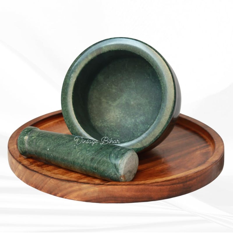 VintageBihar Green Marble Mortar and Pestle Set Khalbatta Ideal for Grinding Spices and Herbs Kharal Kundi Okhli khal musal spice grinder for Kitchen Green Marble 5 Inch x 3 inch - Image 4