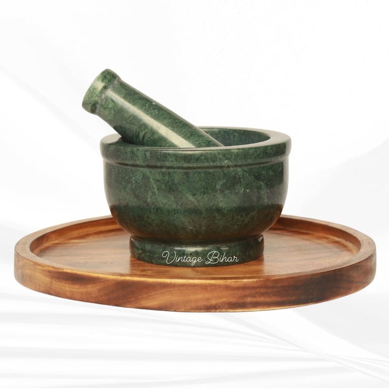 VintageBihar Green Marble Mortar and Pestle Set Khalbatta Ideal for Grinding Spices and Herbs Kharal Kundi Okhli khal musal spice grinder for Kitchen Green Marble 5 Inch x 3 inch - Image 2