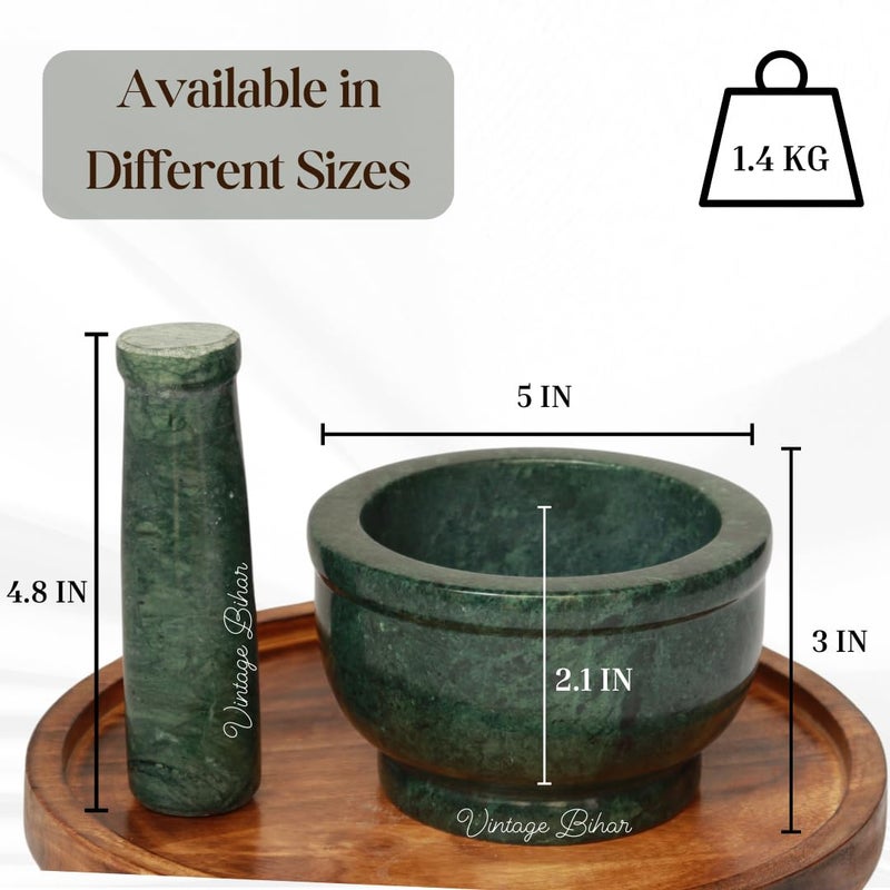 VintageBihar Green Marble Mortar and Pestle Set Khalbatta Ideal for Grinding Spices and Herbs Kharal Kundi Okhli khal musal spice grinder for Kitchen Green Marble 5 Inch x 3 inch - Image 5