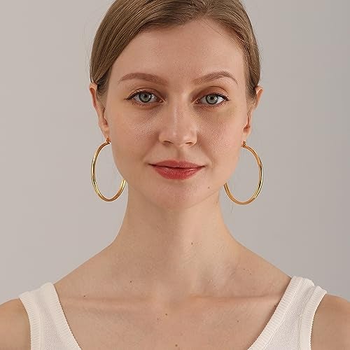 OOOPEL 4mm Thick Gold Chunky Earrings Steling Silver Post Hoops Earrings For Women Hollow Tube Hoops Earrings Thick Gold Hoop Earrings Hypoallergenic Lightweight Gold Hoop Large Earrings 20/30/40/50/60MM - Image 4
