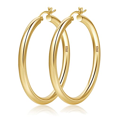 OOOPEL 4mm Thick Gold Chunky Earrings Steling Silver Post Hoops Earrings For Women Hollow Tube Hoops Earrings Thick Gold Hoop Earrings Hypoallergenic Lightweight Gold Hoop Large Earrings 20/30/40/50/60MM - Image 1