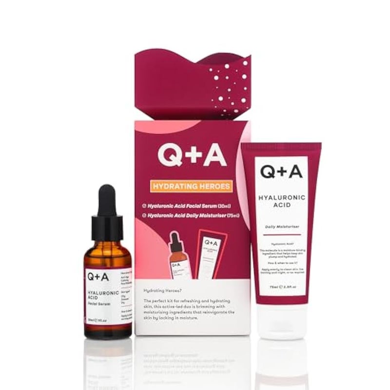 Q+A Hydrating Heroes Skincare Gift Set – A Giftset with Hyaluronic Acid Facial Serum 30ml, Daily Moisturiser 75ml for Dry, Dehydrated Skin, Vegan, Cruelty-Free, for Soft, Supple Complexion - Image 1