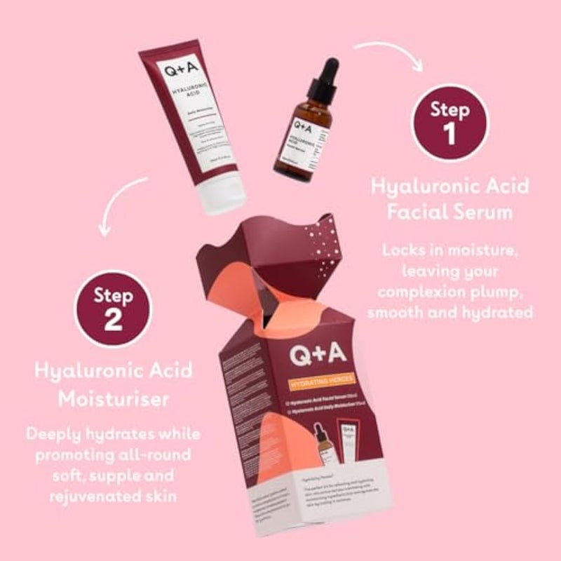 Q+A Hydrating Heroes Skincare Gift Set – A Giftset with Hyaluronic Acid Facial Serum 30ml, Daily Moisturiser 75ml for Dry, Dehydrated Skin, Vegan, Cruelty-Free, for Soft, Supple Complexion - Image 2