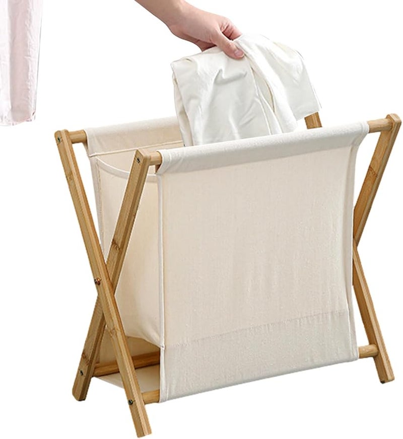 Khaki White Foldable Laundry Basket Cotton Lined Storage Bag Space Saving Clothes Hamper - Image 1