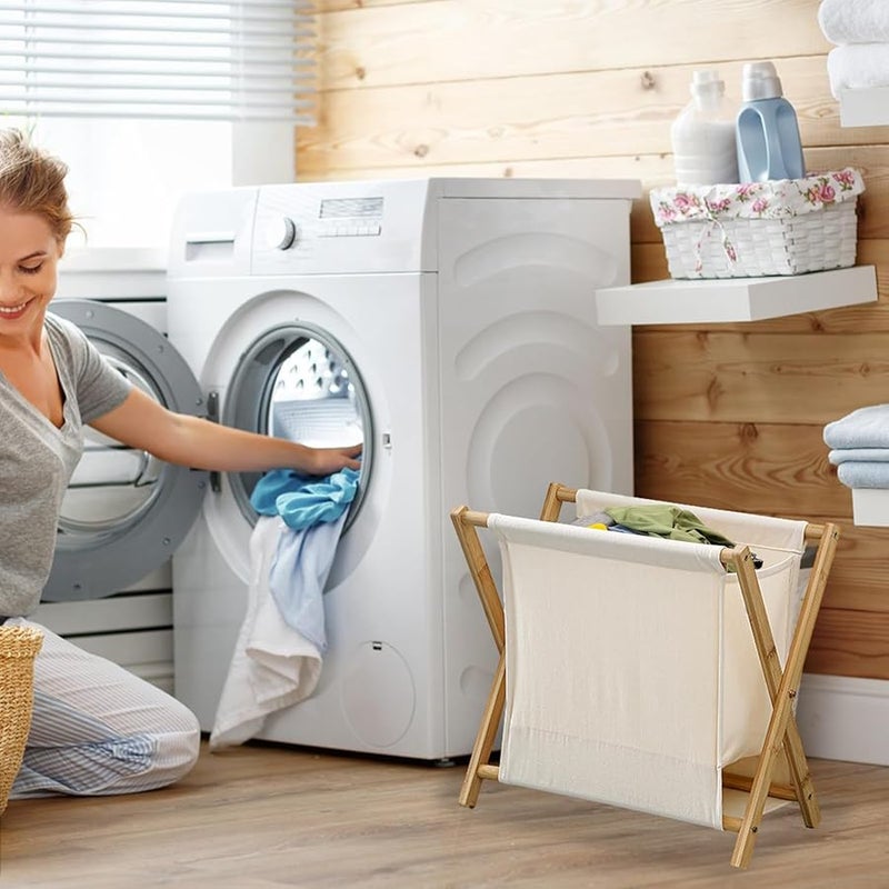 Khaki White Foldable Laundry Basket Cotton Lined Storage Bag Space Saving Clothes Hamper - Image 3