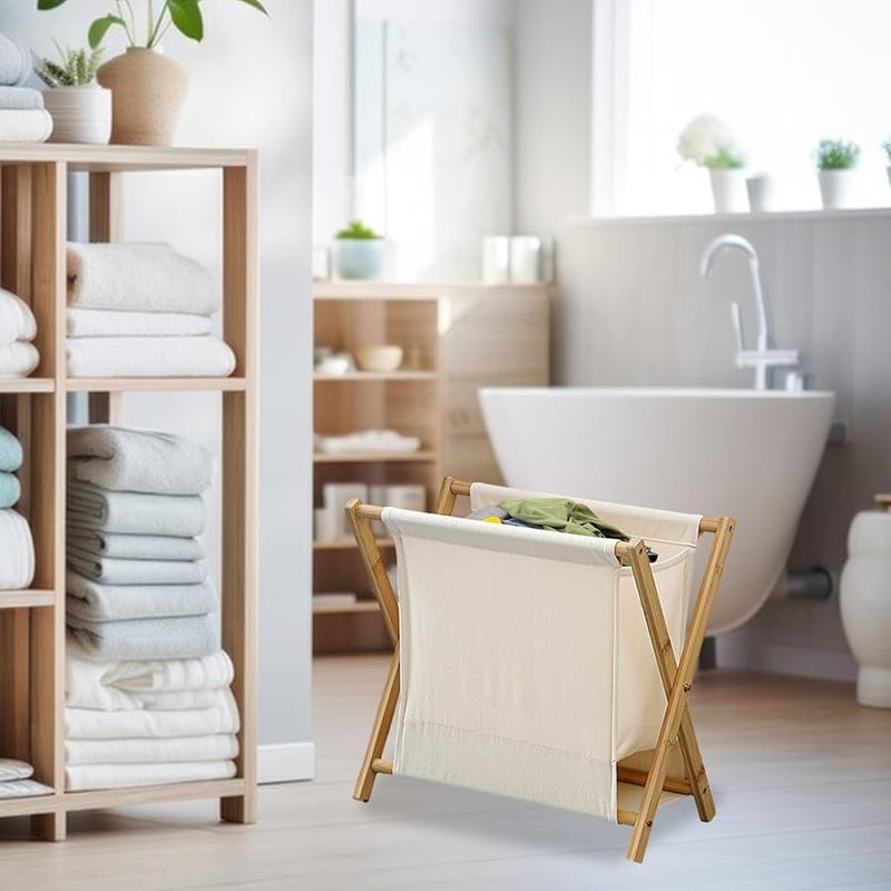 Khaki White Foldable Laundry Basket Cotton Lined Storage Bag Space Saving Clothes Hamper - Image 4