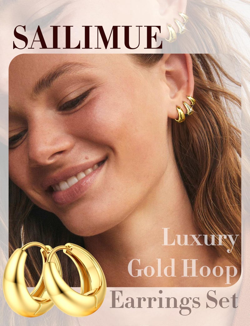 SAILIMUE 5 Pairs Small Hoop Earrings for Women Trendy 14K Gold Plated Earrings Cubic Zirconia Earring Set Hypoallergenic Huggie Hoops Chunky Earring Sets for Multiple Piercing - Image 2