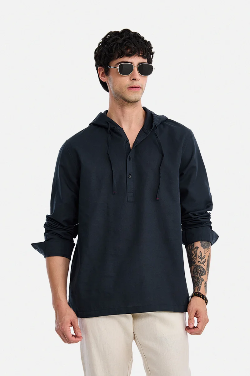 سنيتش Navy Blue Solid Long Sleeve Regular Fit Shirt