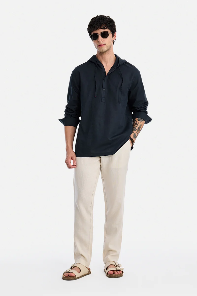 سنيتش Navy Blue Solid Long Sleeve Regular Fit Shirt